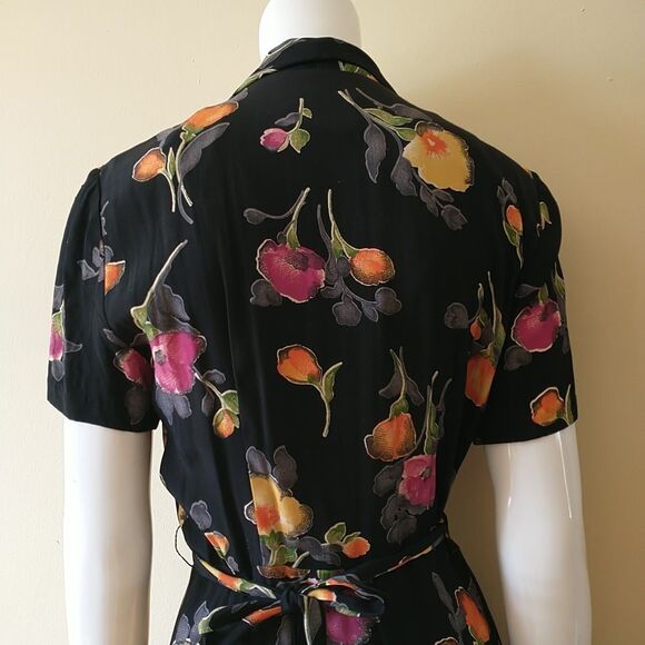 VTG Expo Maxi Wrap Dress 6 Black Floral Short Sleeve Made In USA Cottagecore 80s - Picture 8 of 11